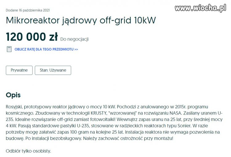 Sprzedam MikroReaktor Jadrowy Przydomowy