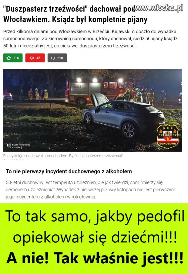 Pijany ksiądz dachował samochodem. 