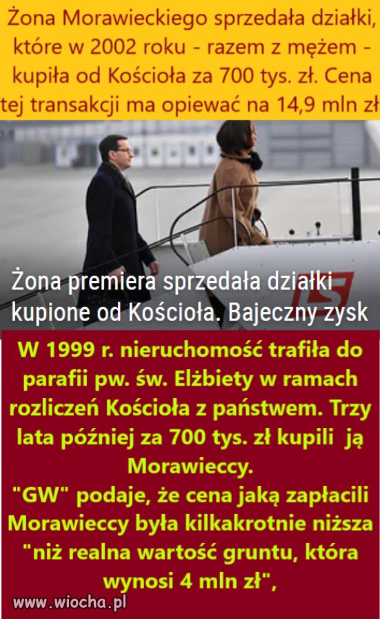 Żona premiera sprzedała kupione od Kościoła działki. Bajeczny zysk