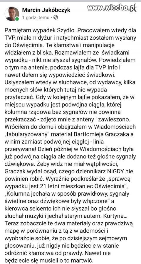 Wpis byłego dziennikarza TVP o tym jak próbował relacjonować wypadek 
