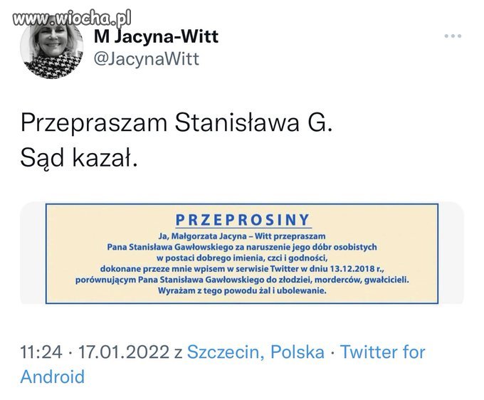 Jacyna-Witt przeprasza senatora Gawłowskiego