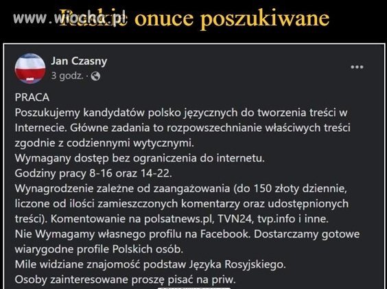 Szukają chętnych płatnych zdrajców za 150 zł/dzień