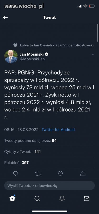 Mosinski tłumaczy zyski gazu