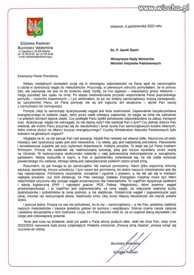 Pani burmistrz Wołomina do Jacka Sasina