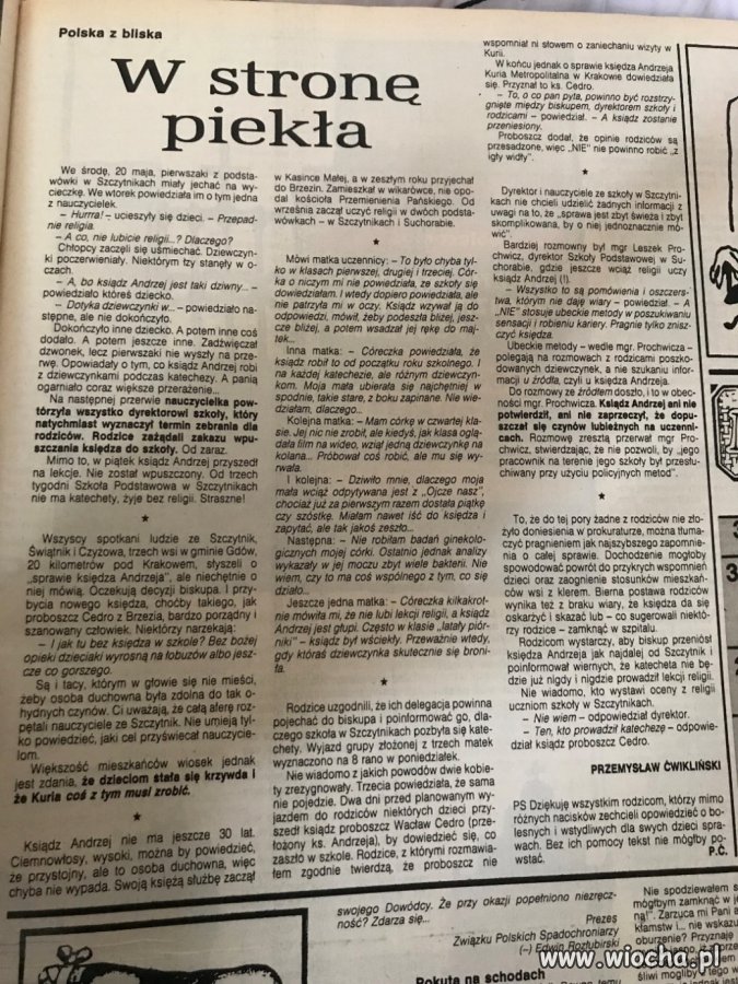 Pierwszy artykuł o pedofilii w polskim kościele, tygodnik ''NIE'', 1992 r.