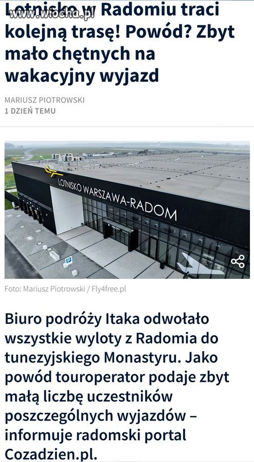 Lotnisko w Radomiu traci kolejną trasę