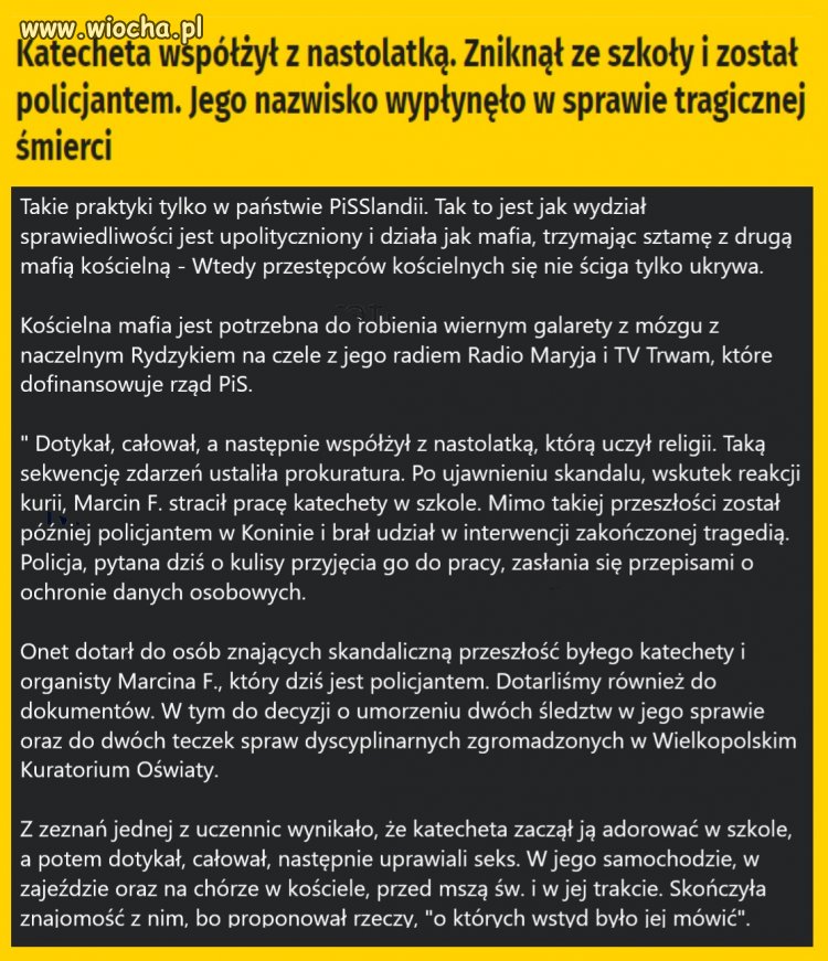 Dotykał, całował, a następnie współżył z nastolatką, którą uczył religii.