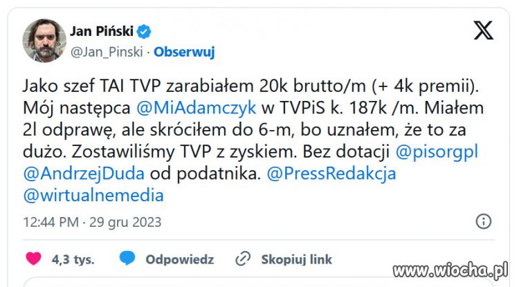 Za kadencji Pińskiego TVP była rentowna i generowała zysk.