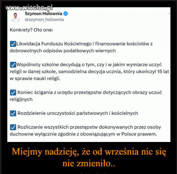 Koniec mieszania się sekty kościoła w sprawy społeczeństwa!