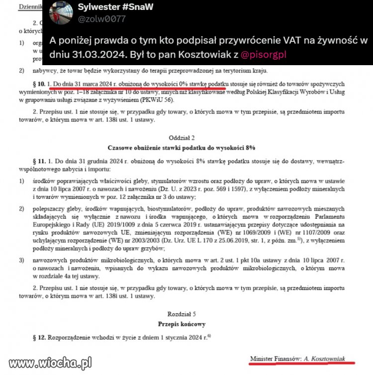 Kto podpisał przywrócenie VAT na żywność w dniu 31.03.2024