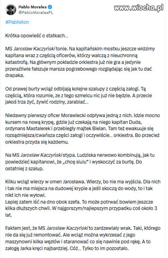 Pablo Morales: Statek z kapitanem Kaczyńskim tonie