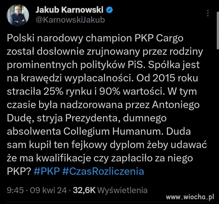Jakub Karnowski jest byłym szefem PKP Cargo