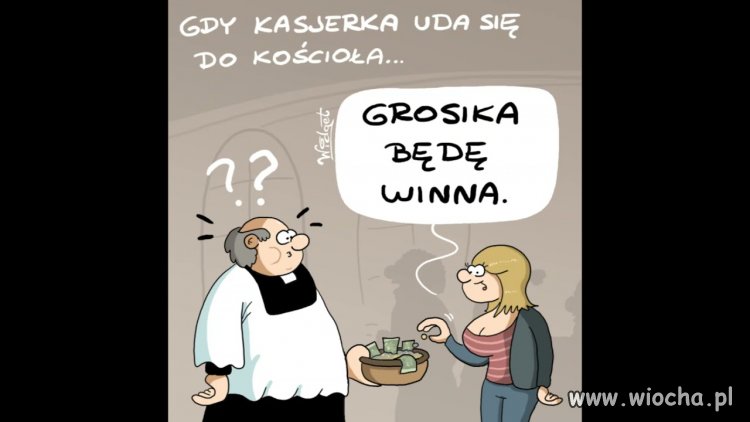 Kasjerka z biedry w kościele.