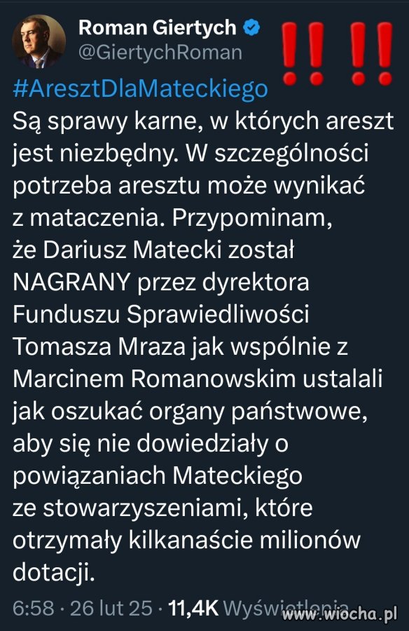 Areszt dla Mateckiego będzie oznaczać, że