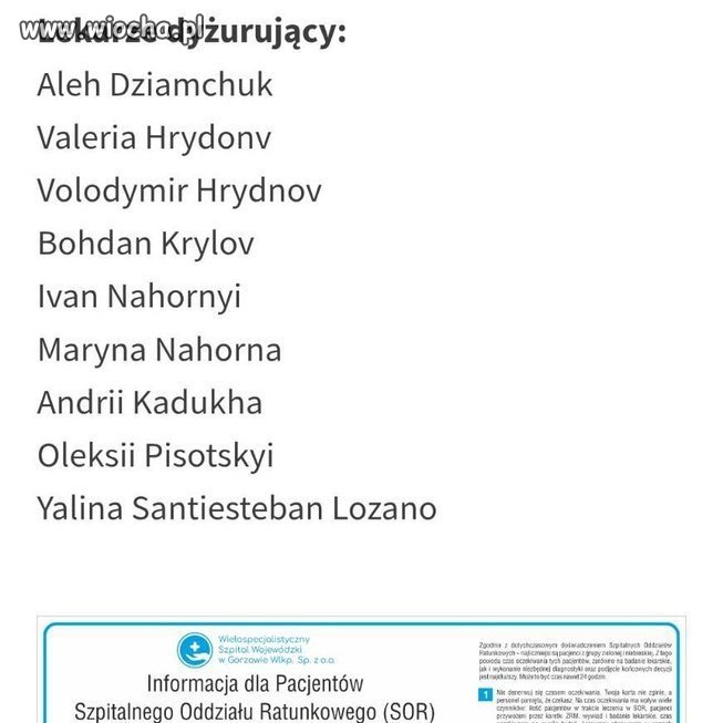 Lista lekarzy dyżurujących na SOR w Gorzowie Wlkp.