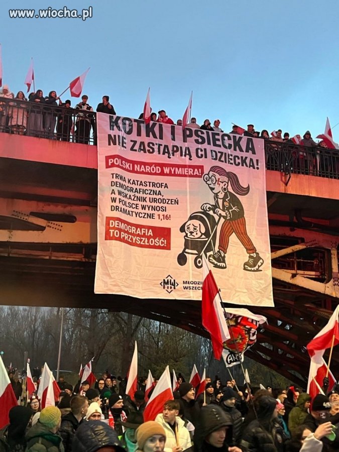 Ciekawy transparent na Marszu Niepodległości 2025 w Warszawie
