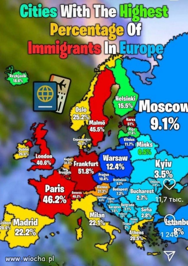 Procent imigrantów w miastach Europy.