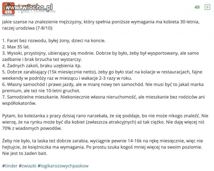 Jakie szanse na znalezienie mężczyzny, który spełnia poniższe wymagania ma 30-letnia kobieta?